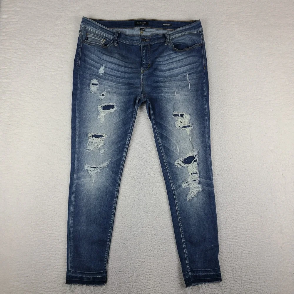Judy Blue Jeans Womens 1XL Blue Skinny Fit Distress Dark Wash Denim